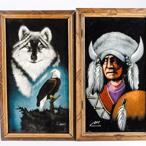 Vintage Black Velvet Framed Paintings Native American Chief & Wolf Eagle