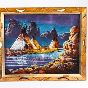 Vintage Native American Encampment at Dusk Black Velvet Painting