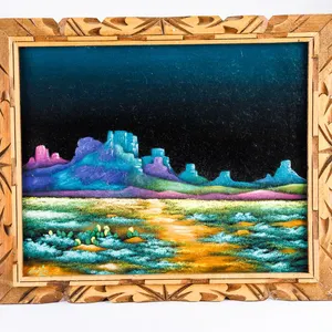 Vintage Vibrant Desert Twilight Framed Black Velvet Painting