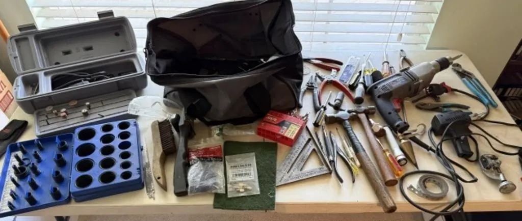 Drill, Screw Driver, Tool Bag, Dremel, Bits,