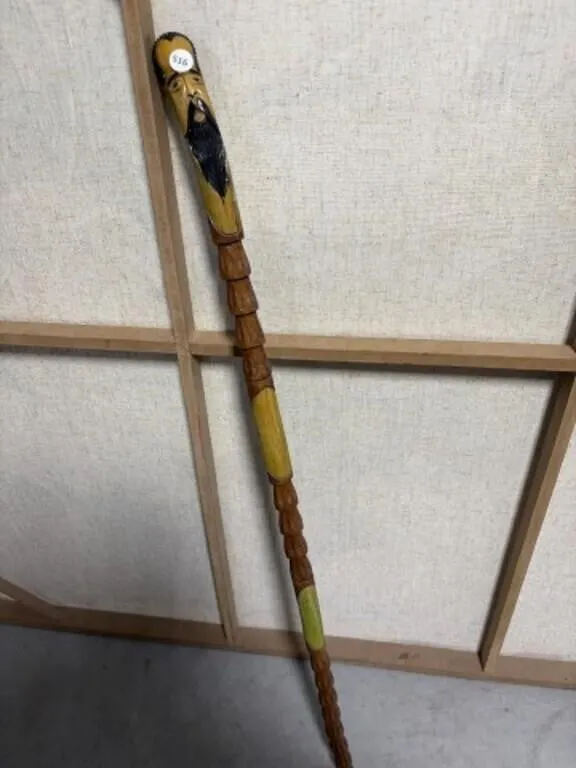 Carved & Signed Figural Walking Stick, 38 "