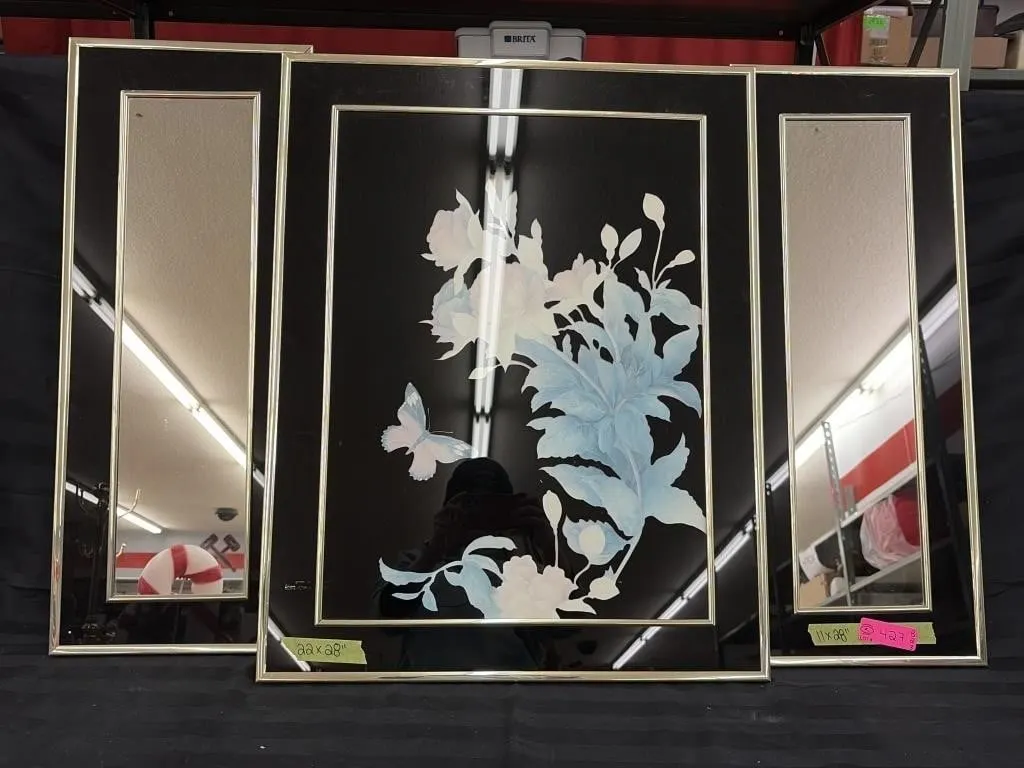 Floral Black Frame/Gold Trim Set with 2 Mirrors