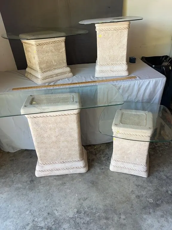 4-Piece Plaster Pedestal & Glass Table Set