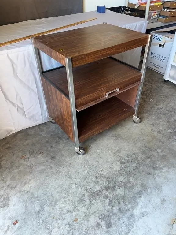 Mid-Century Modern Faux Wood Rolling Cart
