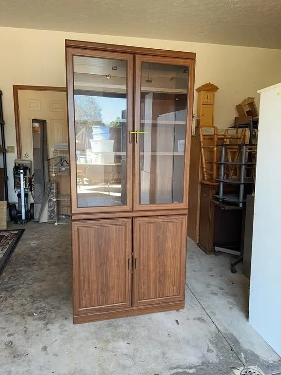 Walnut Lighted Display Cabinet with Glass Doors