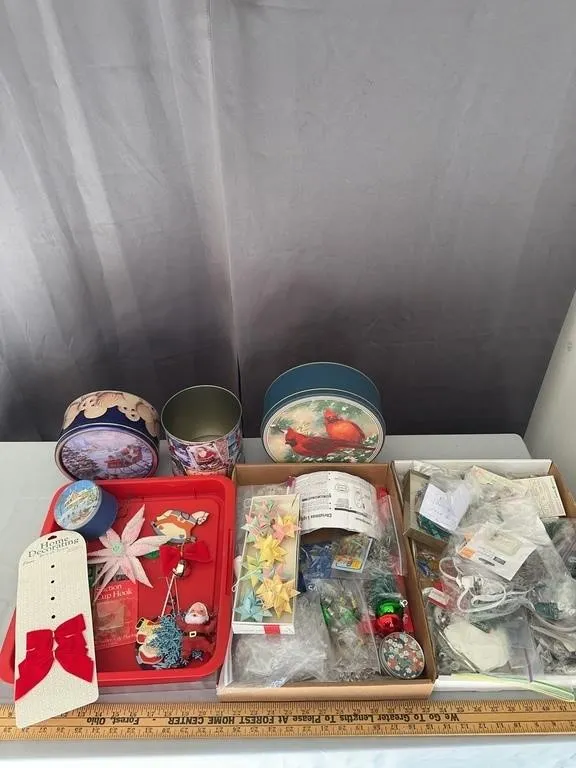 Christmas Tins, Ornaments & Lights Lot