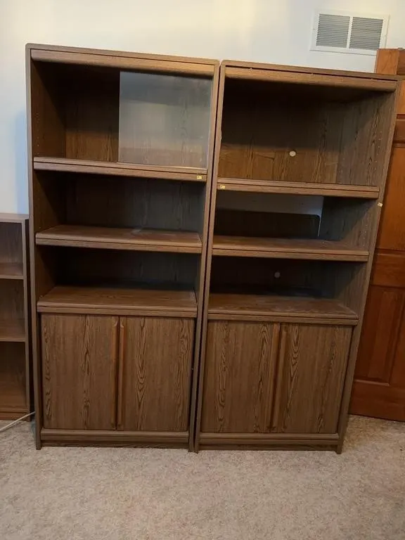Oak Finish Bookcase Display Cabinets Pair