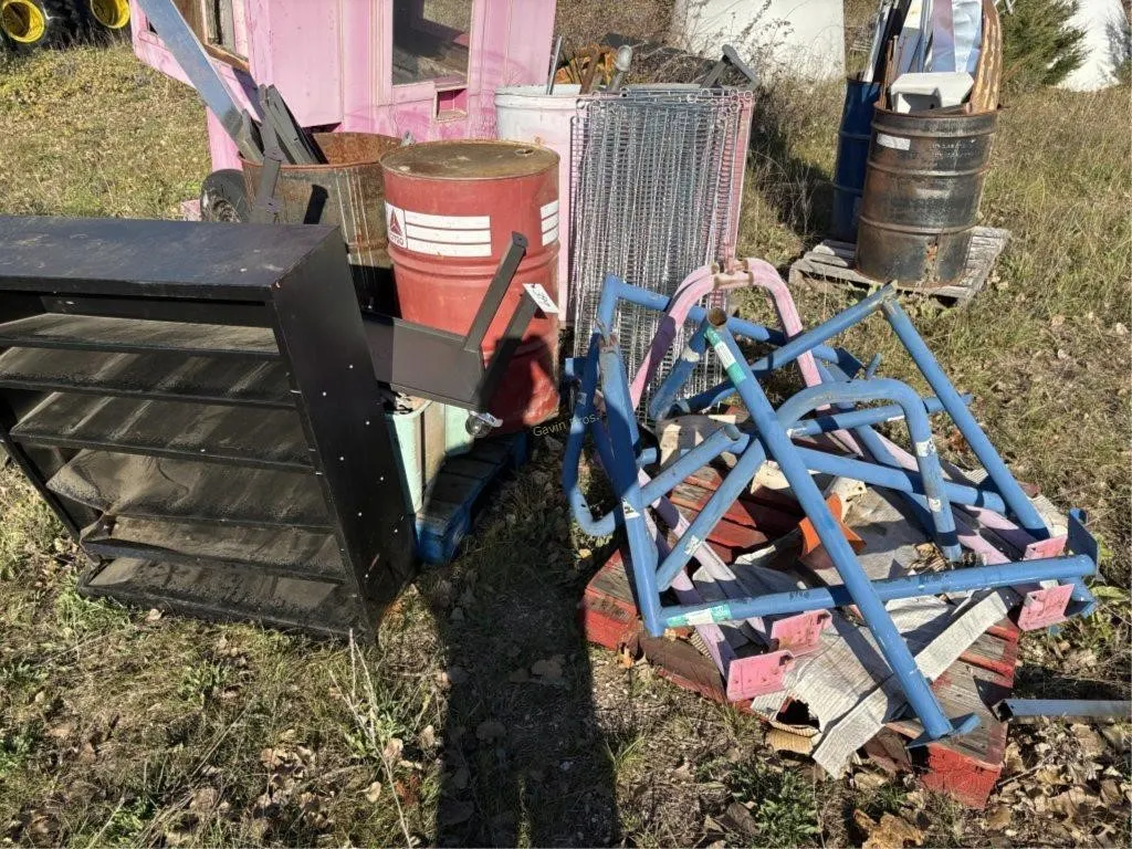 Assorted Scrap Pile - Wire Shelves, Drums etc