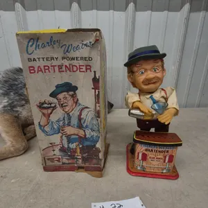 Vintage Rosko Toys 1962 Charley Weaver Battery Powered Bartender Tin Toy with Original Box