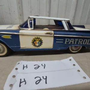Vintage Tinplate Highway Patrol Car Toy, 1959 Chevrolet El Camino Style, Blue and White