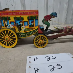 Vintage 1950s Alps Wind-Up Butterfield Stage Lines Tin Litho Horse-Drawn Coach Toy, 13”, Working