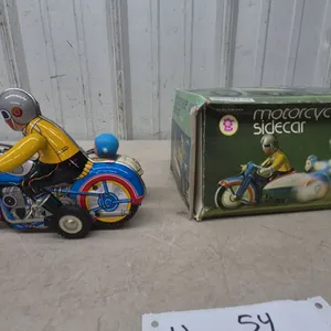 Masudaya MS-70 Clockwork Wind-Up Tin Motorcycle with Sidecar in Original Box, 7”