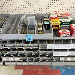 Industrial Hardware, Nuts, Bolts, Nails, Rivets & Fasteners with Parts Storage Bins & Metal Rack