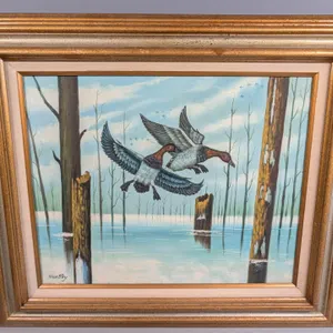 Framed Ducks in Flight Oil on Canvas Signed Huntley