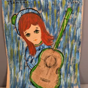 Vintage Francois Paris Mixed Media Painting Girl with Guitar