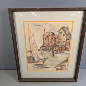 Framed Harbor Scene Pastel Drawing Signed Susan