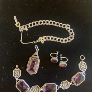 Silvertone and amethyst look jewelry