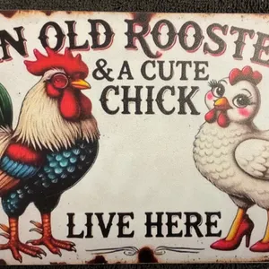 Vintage-style Decorative Metal Sign -An Old Rooster & A Cute Chick Live Here