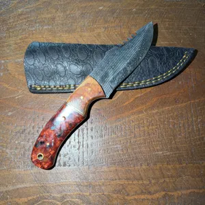 Damascus Steel Knife and Leather Sheath