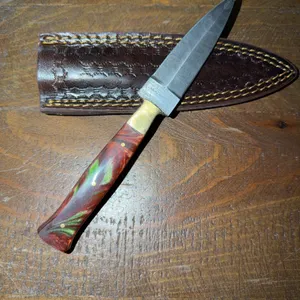 Damascus Steel Knife and Leather Sheath