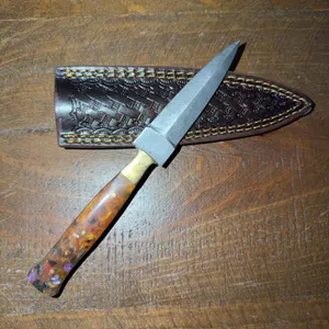 Damascus Steel Knife and Leather Sheath