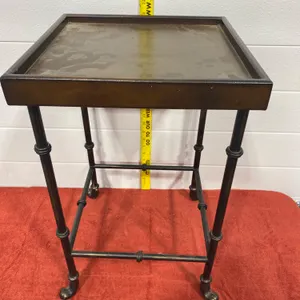 Metal and Wood Accent Table with Raised Rim, Modern Era