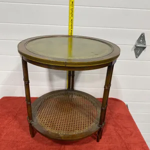 Vintage Two-Tier Round Side Table With Leather Top and Cane Shelf