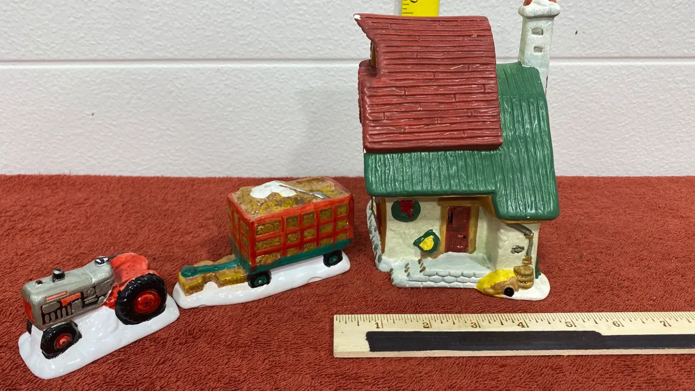 Hand-Painted Ceramic House with Tractor and Trailer Accents