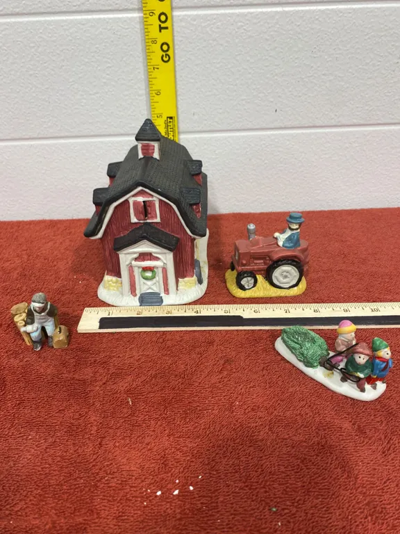 Handcrafted Ceramic Village Set With Red Barn, Tractor, and Figurines