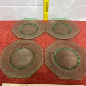 Four Green Depression Glass Octagonal Plates
