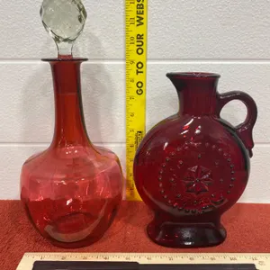 Two Red Glass Decanters With Stopper and Jug, Mid-20th Century