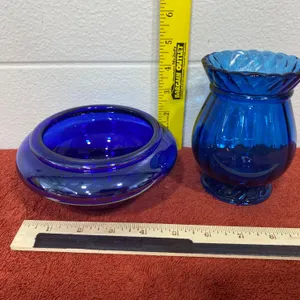 Two Blue Glass Vessels: Fluted Vase and Rounded Bowl