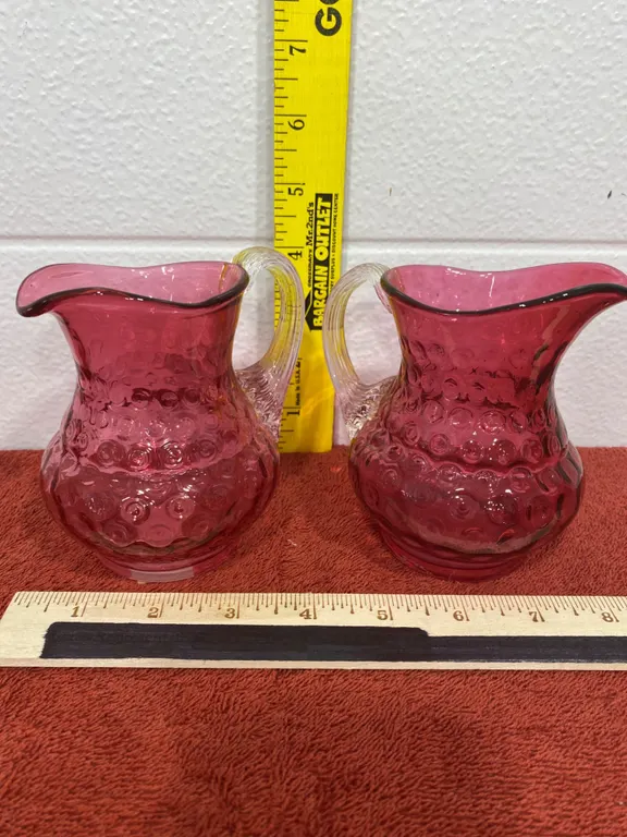 Pink Glass Pitchers With Clear Handles and Hobnail Pattern