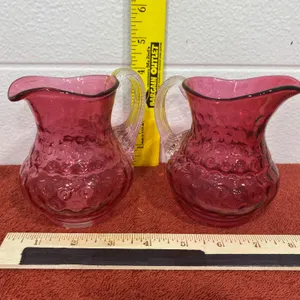 Pink Glass Pitchers With Clear Handles and Hobnail Pattern
