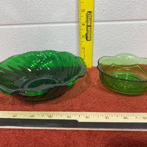 Two Green Depression-Style Glass Bowls with Scalloped Edges