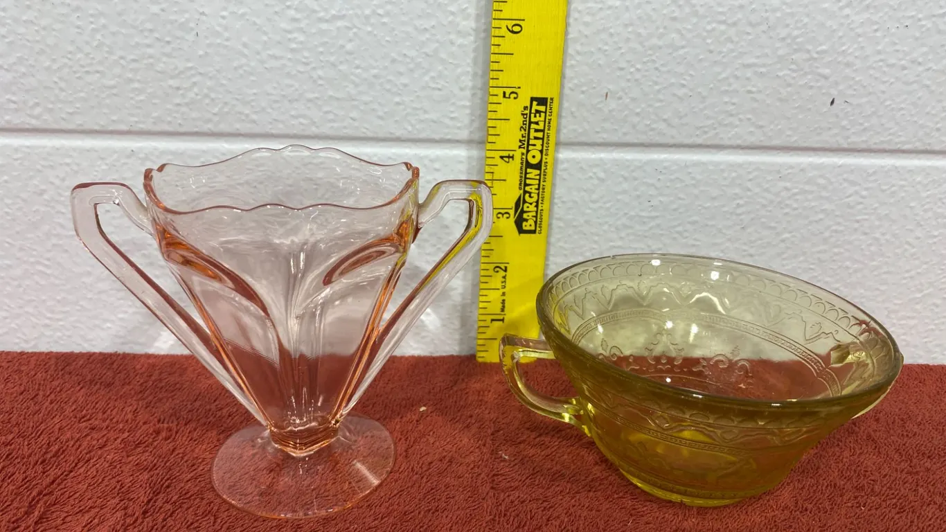 Depression Glass Tableware: Yellow Bowl and Pink Vase