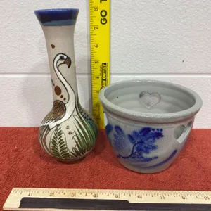 Mexican Handpainted Ceramic Vase and Blue Floral Pot with Cutout Detail