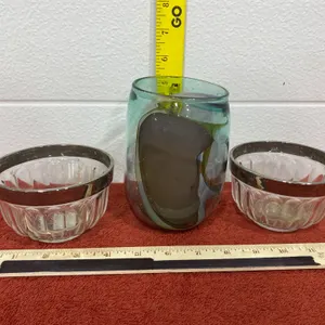 Glass Vase with Swirled Design and Two Ribbed Glass Bowls