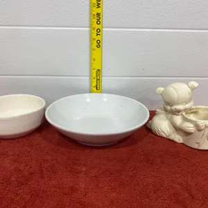 Three Ceramic Items, Including Oneida Bowl and Decorative Ceramic Figure