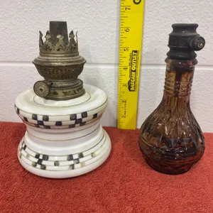 Two Vintage Glass Oil Lamps with Iron Fittings, Early to Mid-20th Century