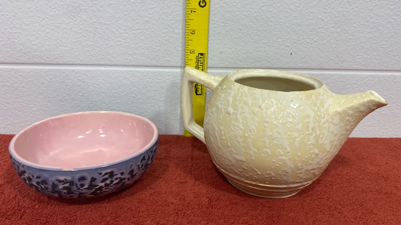 McCoy Pottery Beige Teapot and Pink & Blue Bowl