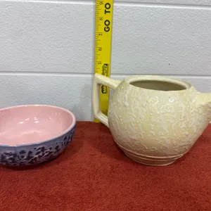 McCoy Pottery Beige Teapot and Pink & Blue Bowl