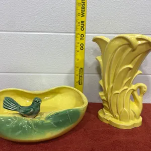 Yellow McCoy Pottery Pieces Featuring Bird Bowl and Floral Vase