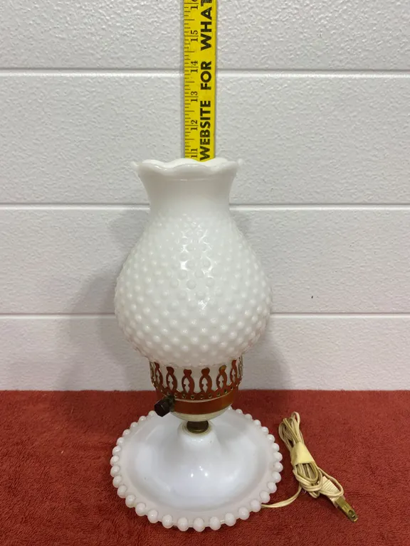 Vintage Milk Glass Hobnail Table Lamp with Brass Accents