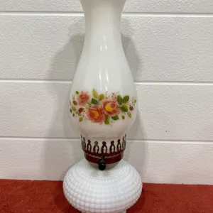 Vintage Milk Glass Hurricane Lamp with Floral Design