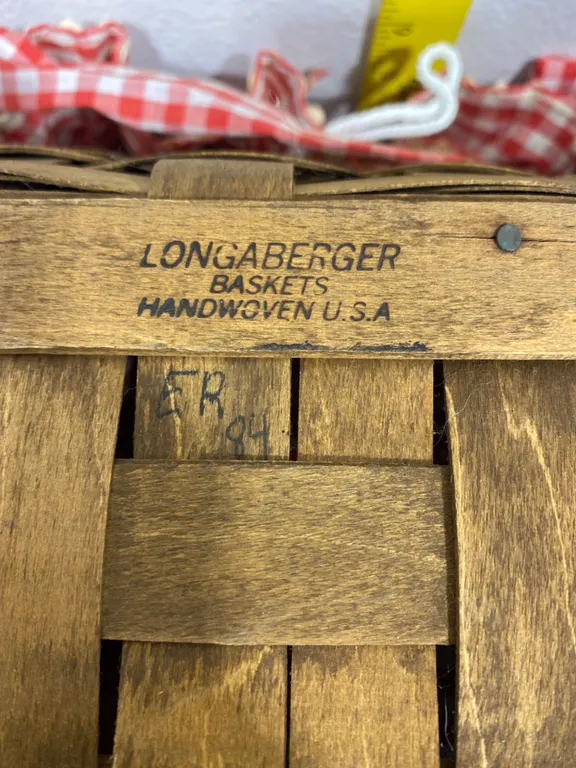 Longaberger Handwoven Basket With Red Gingham Liner and Wooden Folding Lid