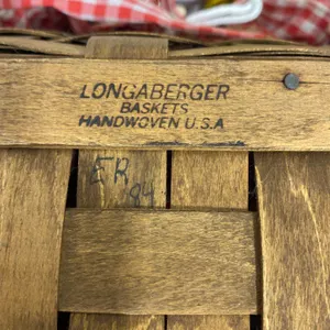 Longaberger Handwoven Basket With Red Gingham Liner and Wooden Folding Lid