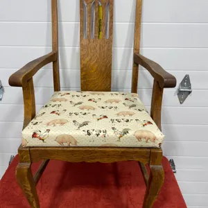 Vintage Wooden Chair With Carved Backrest and Farm Animal Upholstery