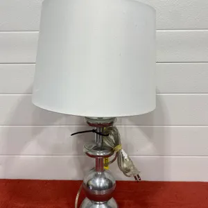 Chrome Table Lamp With White Fabric Shade, Mid-Century Modern Style