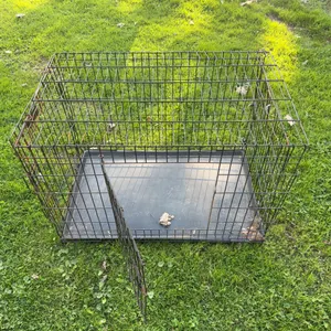 Black metal wire folding dog crate with a removable plastic tray